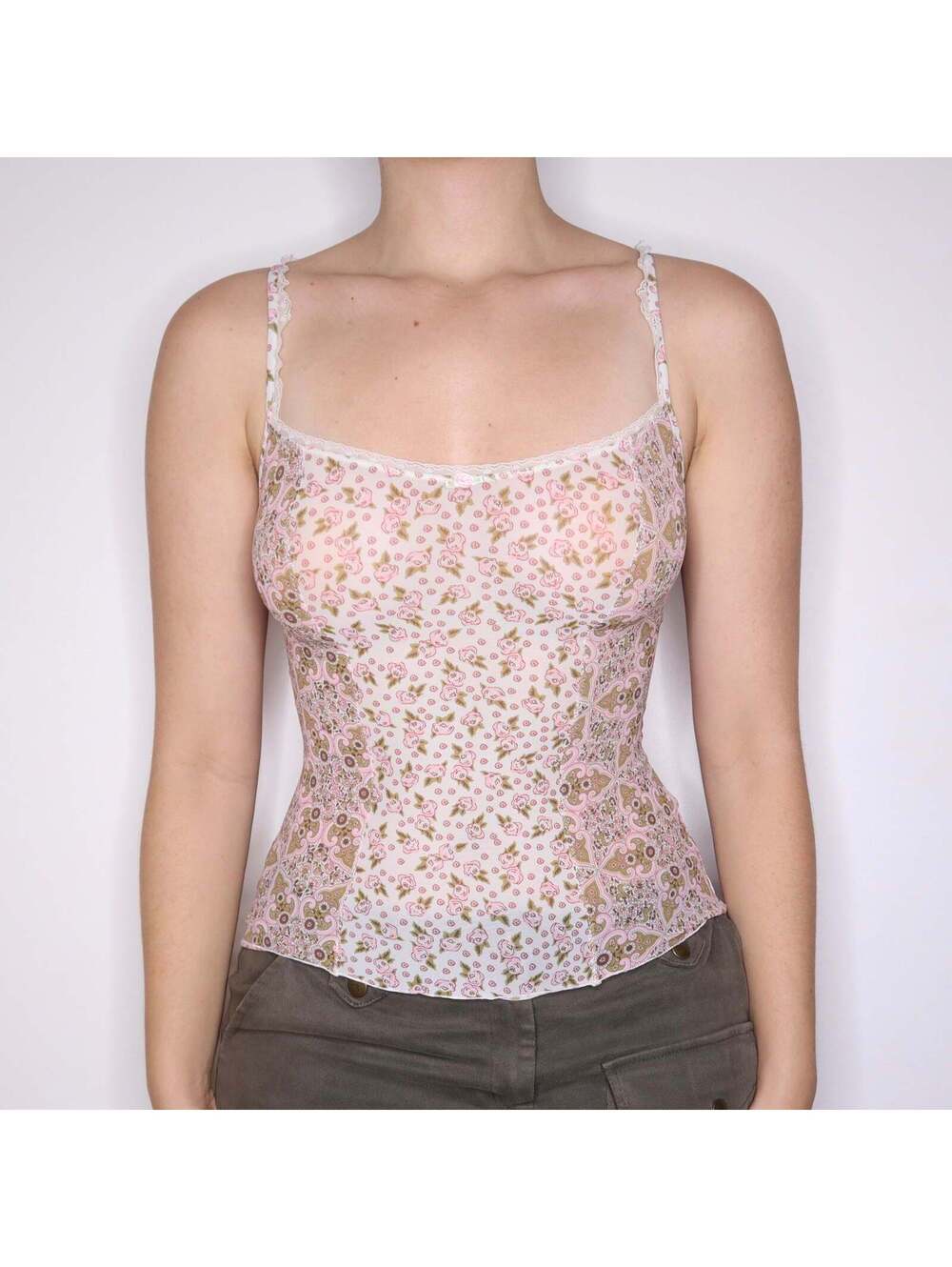 Y2K Italian Brand Pink Floral Mesh Camisole (S)
